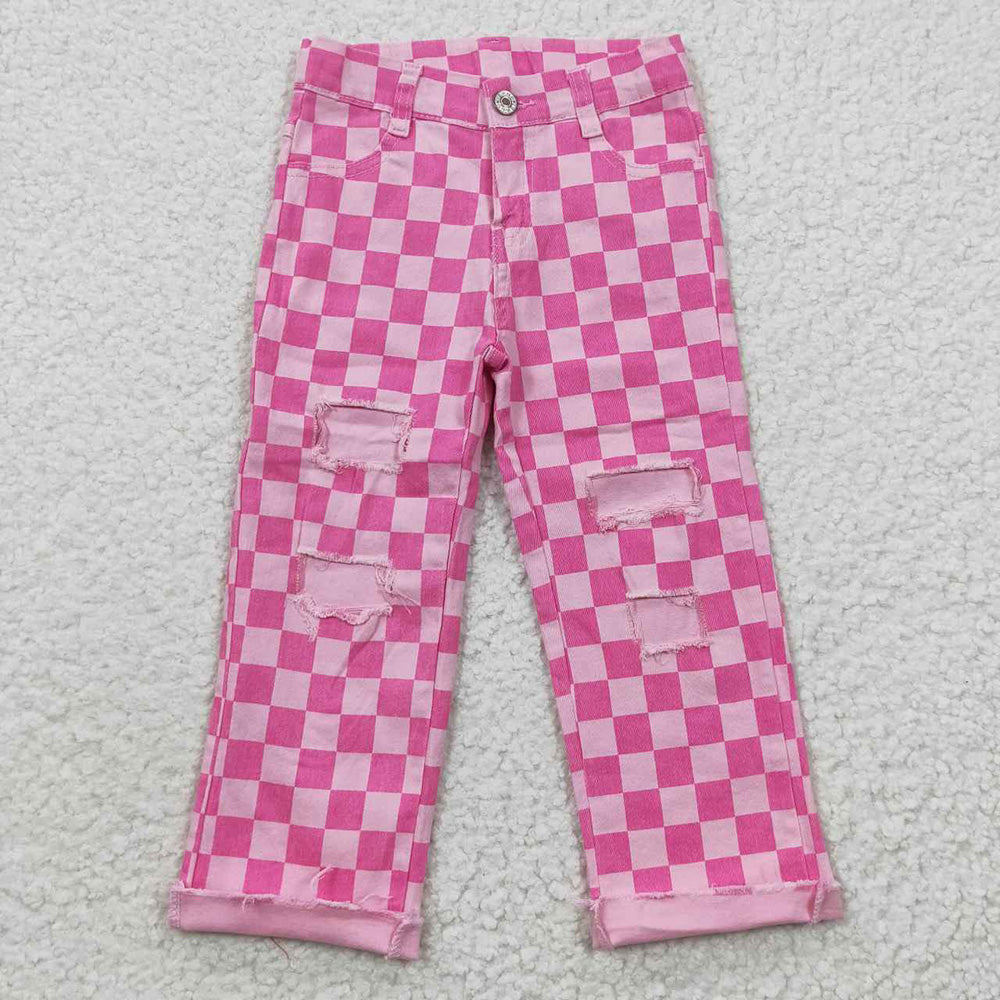 P0096 Baby Girl Checkered Denim Jeans Pink Pants