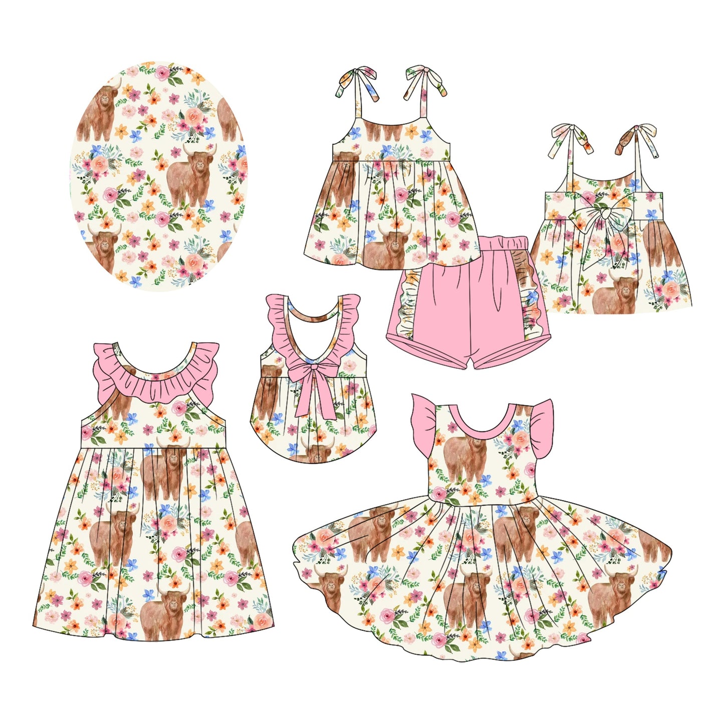 Baby Girl Western Cow Flower Bows Sibling Romper Dress Set ( Moq 5 Each Style ) 2.20