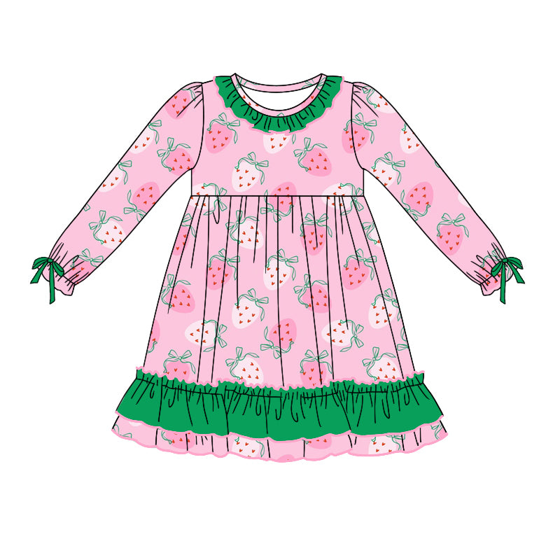 Baby Girl Long Sleeves Strawberry Green Ruffle Dress