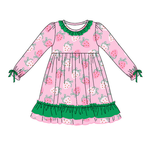 Baby Girl Long Sleeves Strawberry Green Ruffle Dress