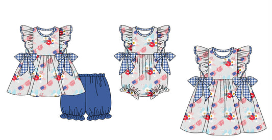 Baby Girl Glasses Flower July 4th Sibling Romper Dress Clothes Set ( Moq 5 Each Design ) 11.27