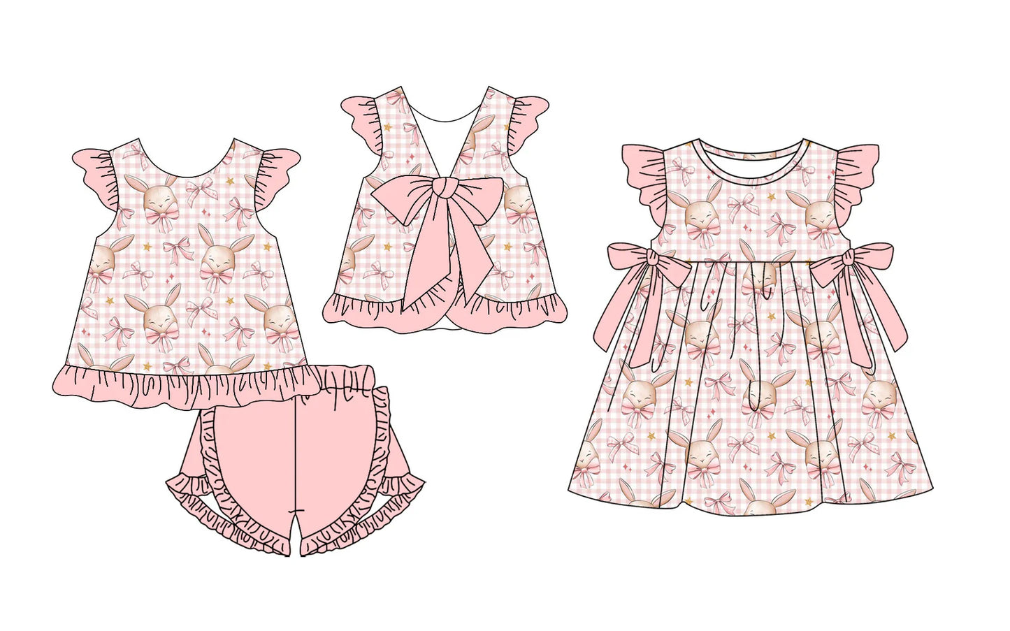 ( Moq 5 Each Style ) Baby Girls Kids Short Sleeves Rabbits Bows Sibling Easter Dress Set