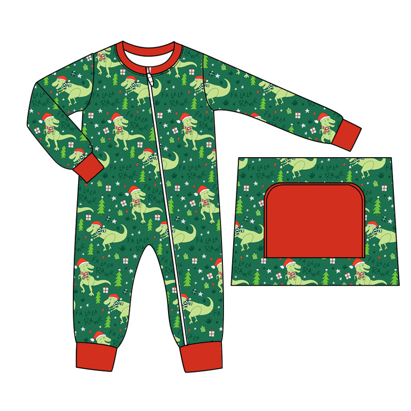 Baby Boy Long Sleeves Dinosaurs Christmas Zipper Green Romper