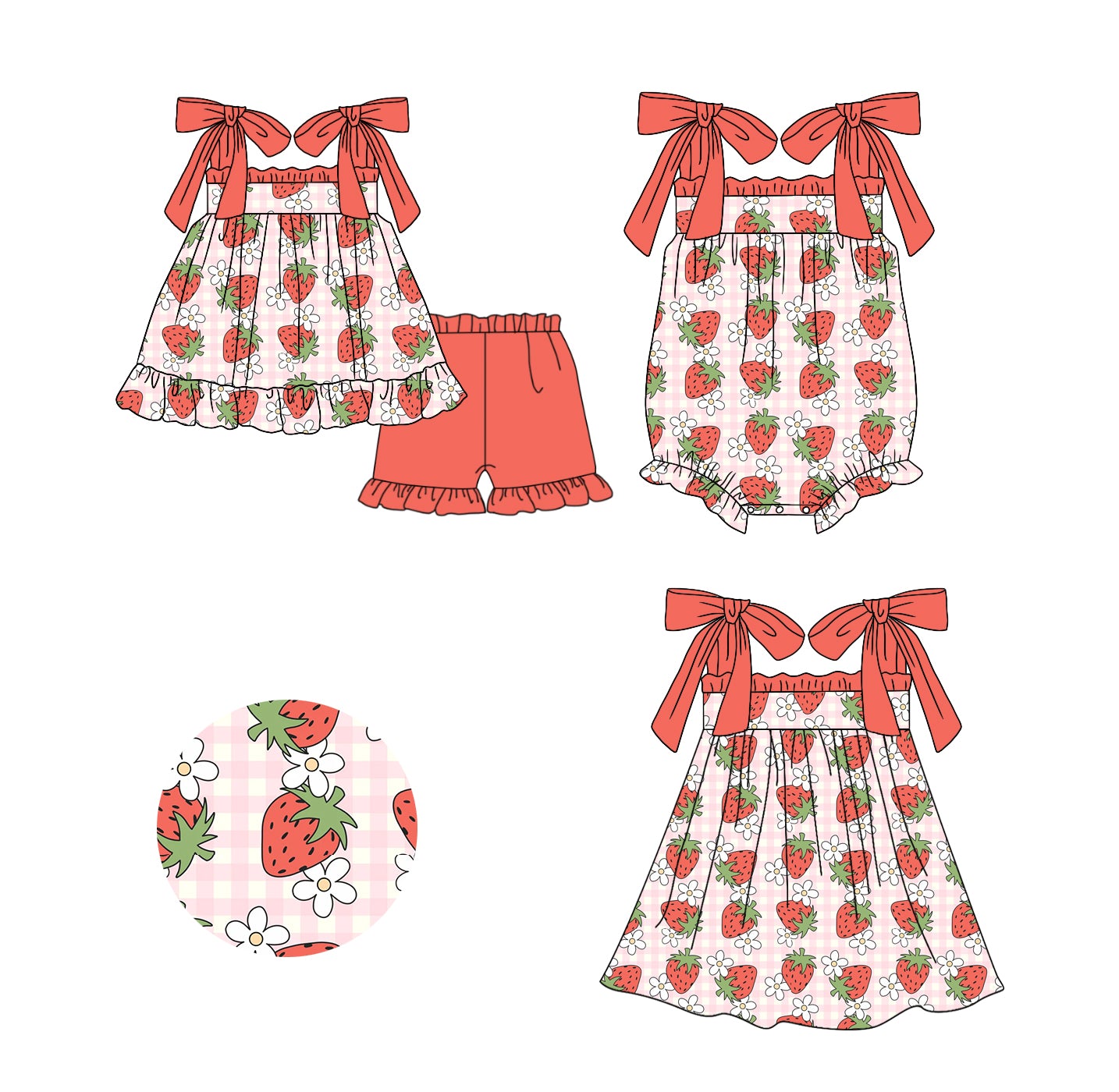 Baby Girl Strawberry Flower Plaid Sibling Matching Romper Dress Clothes Set ( Moq 5 Each Design )