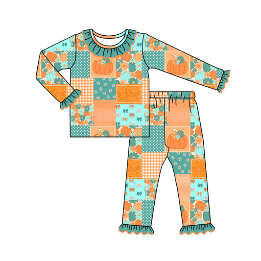 Baby Girl Long Sleeves Pumpkin Green Ruffle Shirt Pants Pajamas Set