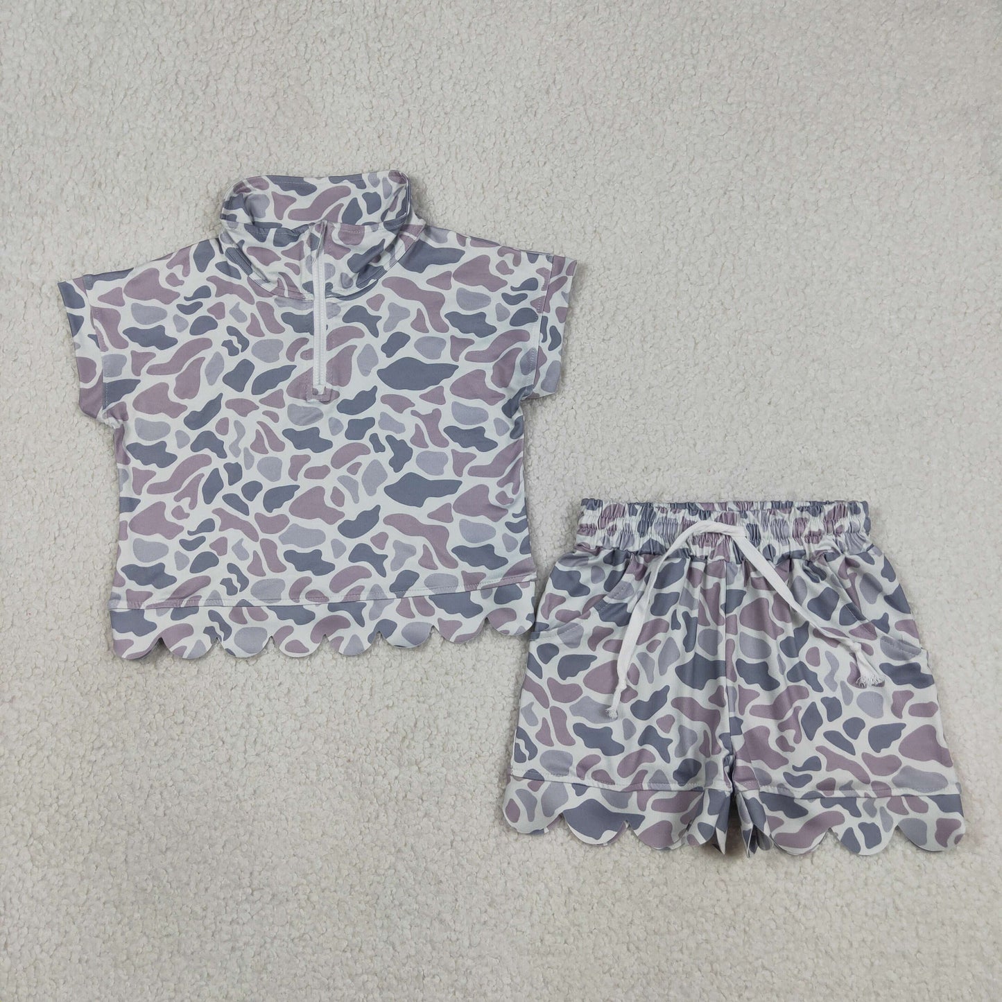 Baby Girls Kids Short Sleeves Grey Camo Zipper Shirt Scallop Shorts Set Clothes RTS