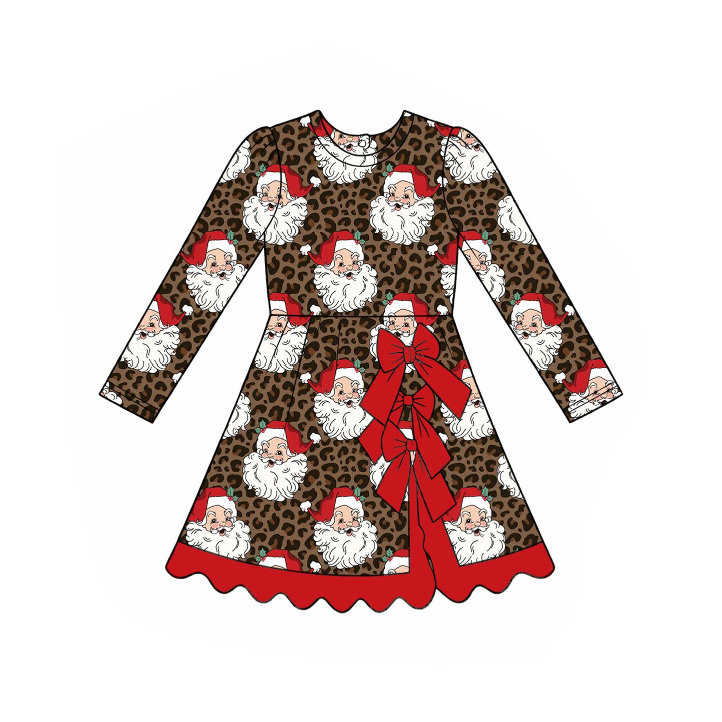 ( Moq 5 ) Preorder Baby Girls Kids Long Sleeves Christmas Santa Leopard Bows Scallop Dress Yoga Active Clothes