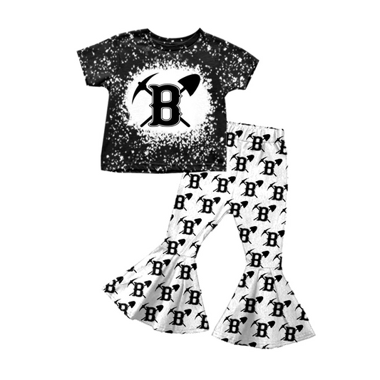 Baby Girl Short Sleeves Black B Team Shirt Bell Pants Clothes Set Moq 5