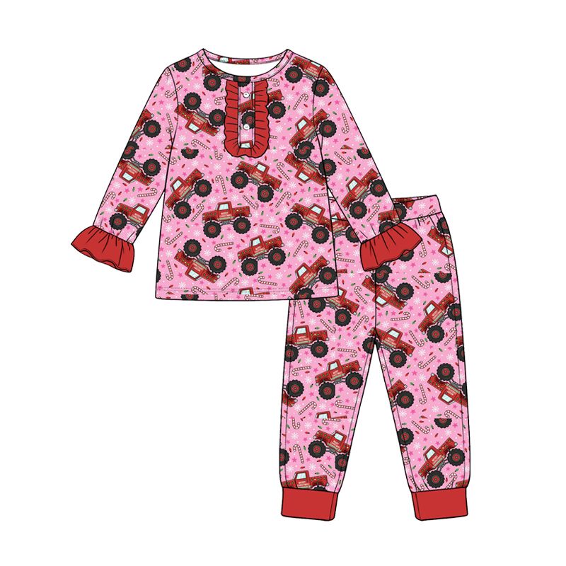 ( Moq 5 ) Preorder Baby Girls Kids Long Sleeves Trucks Christmas Shirt Pants Pajamas Set Clothes