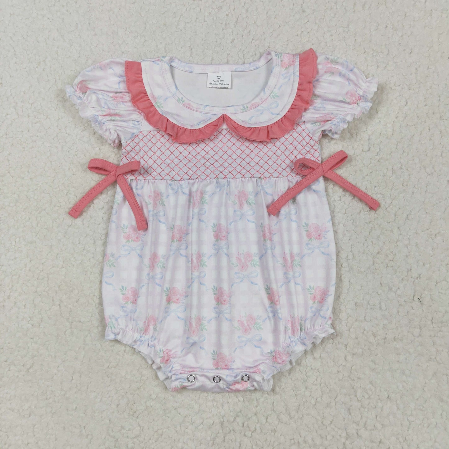 Baby Girl Infant Short Sleeves Embroidery Plaid Floral Pink Bows Bubble Romper RTS