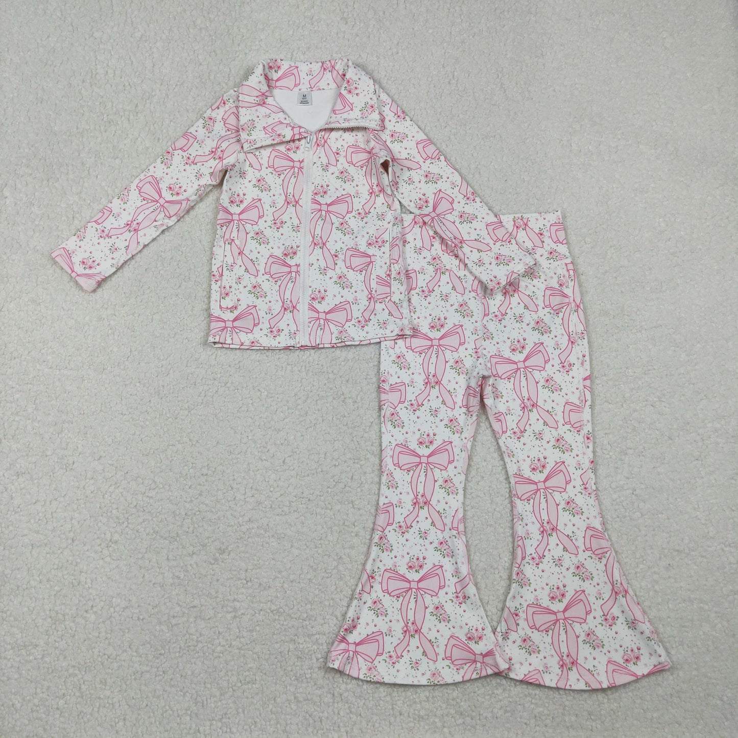 Baby Girl Long Sleeves Pink Floral Bows Pockets Zipper Shirt Bell Pants Yoga Active Set RTS