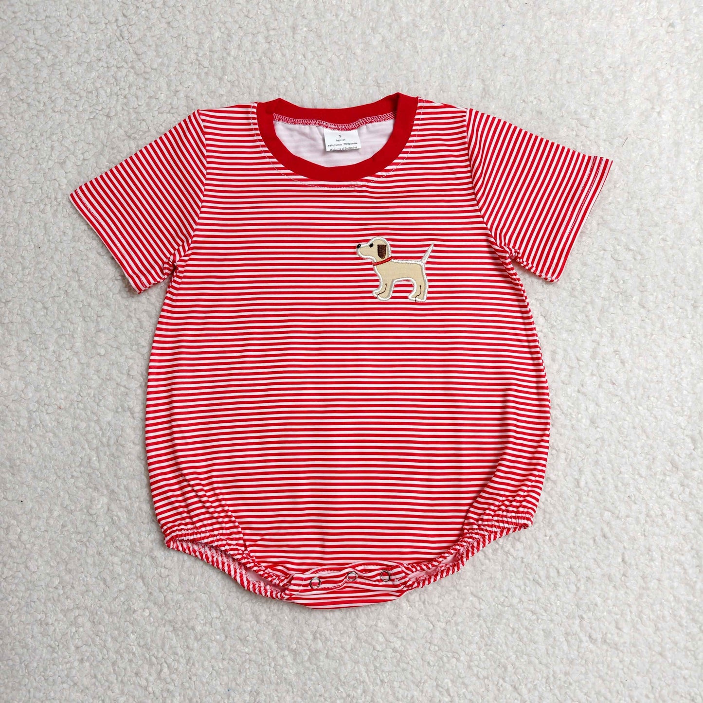 Baby Boy Infant Short Sleeves Red Stripes Embroidery Dog Bubble Romper RTS