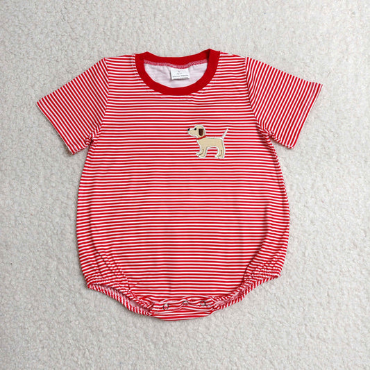 Baby Boy Infant Short Sleeves Red Stripes Embroidery Dog Bubble Romper RTS