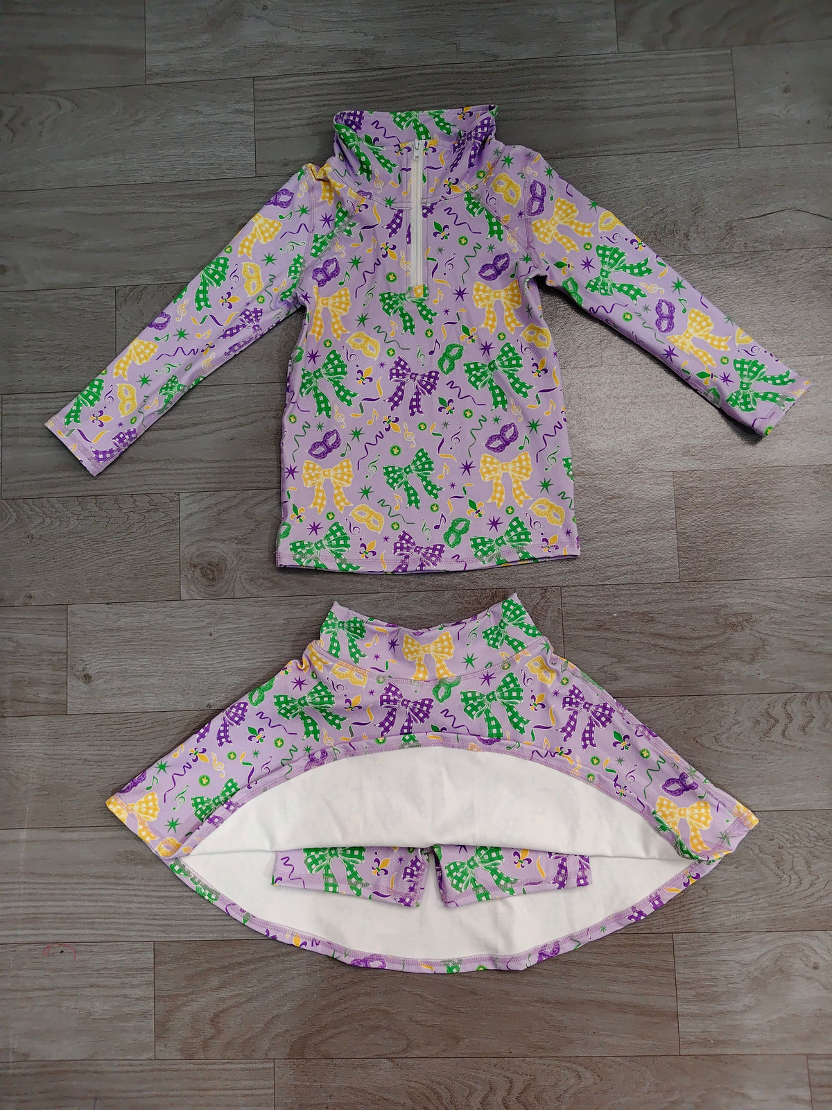 ( No moq ) Preorder Baby Girls Kids Masks Bows Zip Shirt Skirt Shorts Set Mardi Gras Yoga Clothes