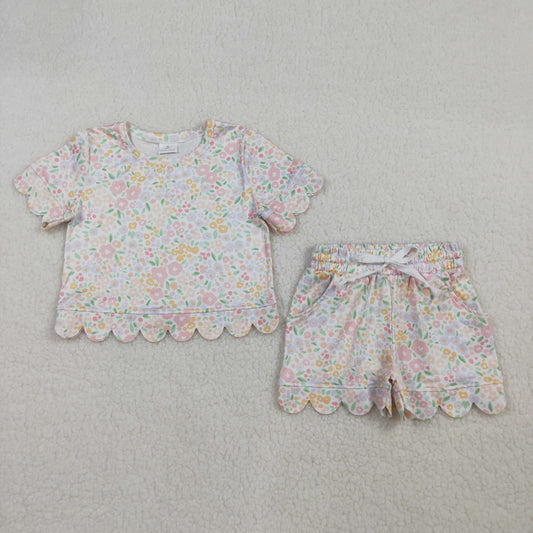 Baby Girls Kids Short Sleeves Floral Shirt Scallop Shorts Summer Set RTS