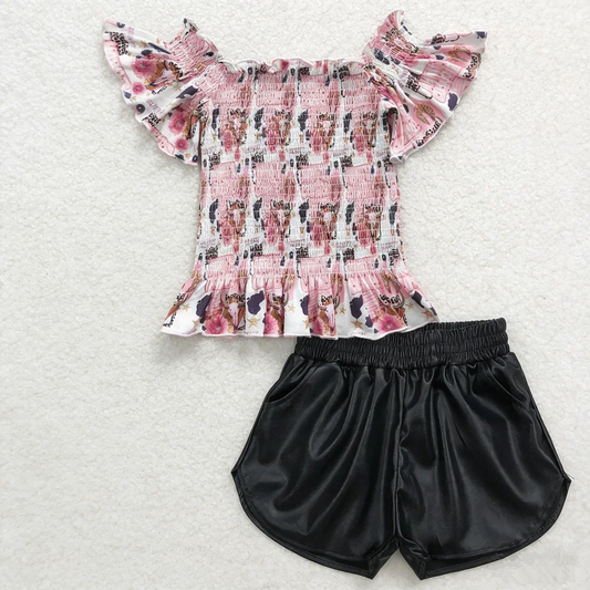 Baby Girl Kids Short Sleeves Cow Flower Tops Black Leather Shorts Set Western Clothes RTS