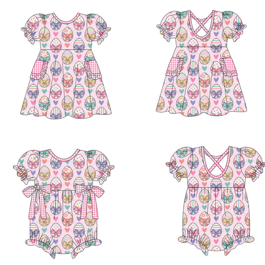 ( Moq 5 Each Style ) Girls Kids Short Sleeves Bows Eggs Hearts Easter Sibling Romper Dress