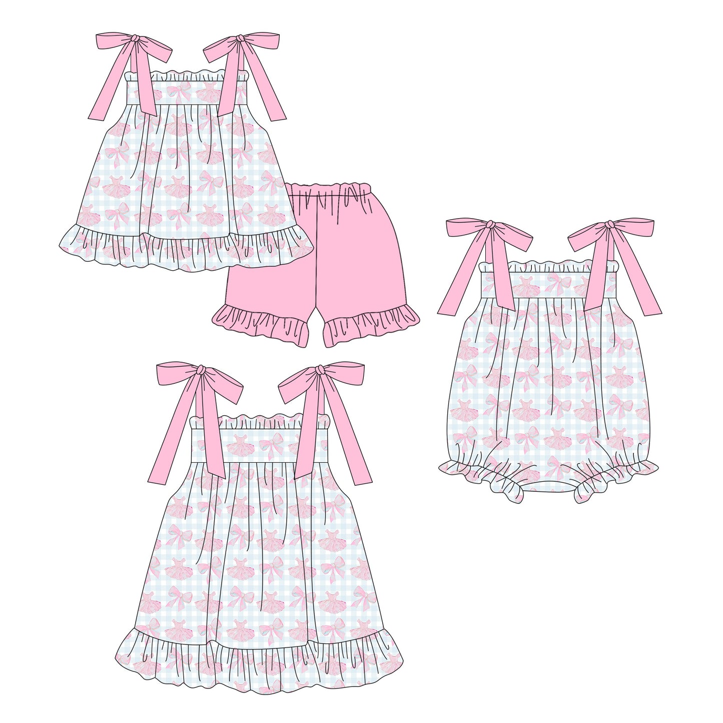 ( Moq 5 Each Style ) Sibling Baby Girls Kids Straps Bows Plaid Romper Dress Set Summer Clothes