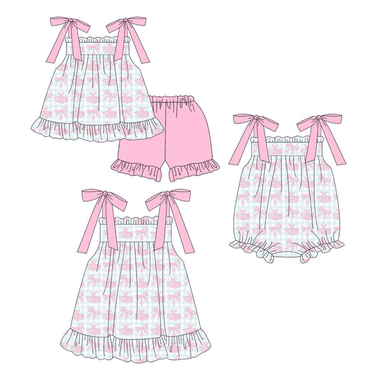 ( Moq 5 Each Style ) Sibling Baby Girls Kids Straps Bows Plaid Romper Dress Set Summer Clothes