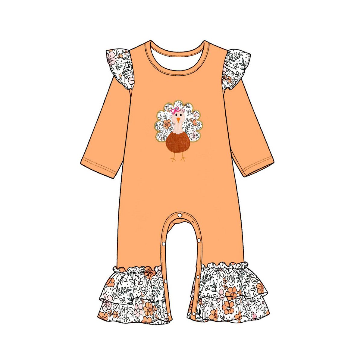 ( Moq 5 ) Preorder Baby Girls Kids turkey Thanksgiving Flower Ruffle Orange Romper Clothes