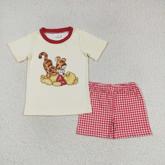 Baby Boy Short Bear Tiger Shirt Red Plaid Shorts Set