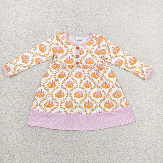 Baby Girls Kids Long Sleeves Pumpkins Bows Knee Length Dress Fall Clothes RTS