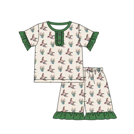 Baby Girl Short Sleeves Duck Shirt Ruffle Shorts Pajamas Hunting Set Moq 5