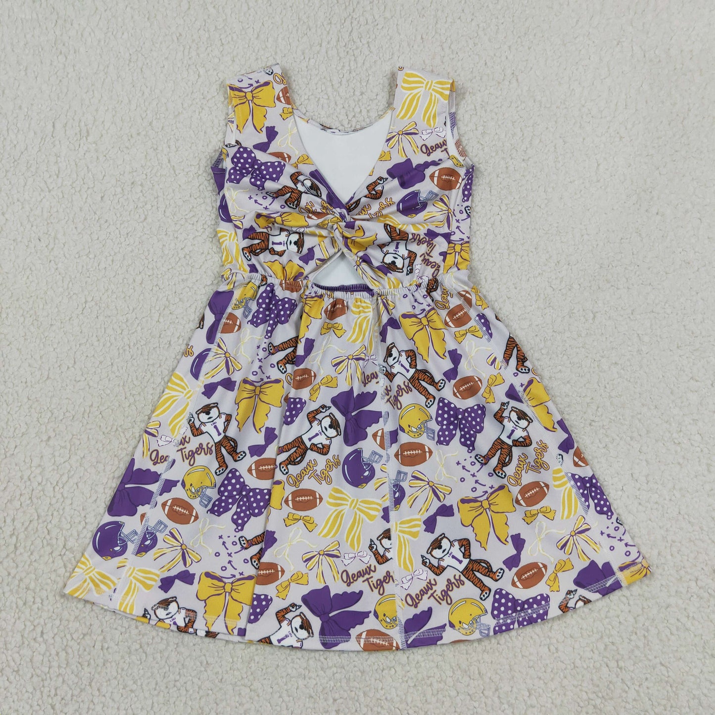 Baby Girls Kids Sleeveless Tigers Bows Football Yoga Team Knee Length Dress RTS