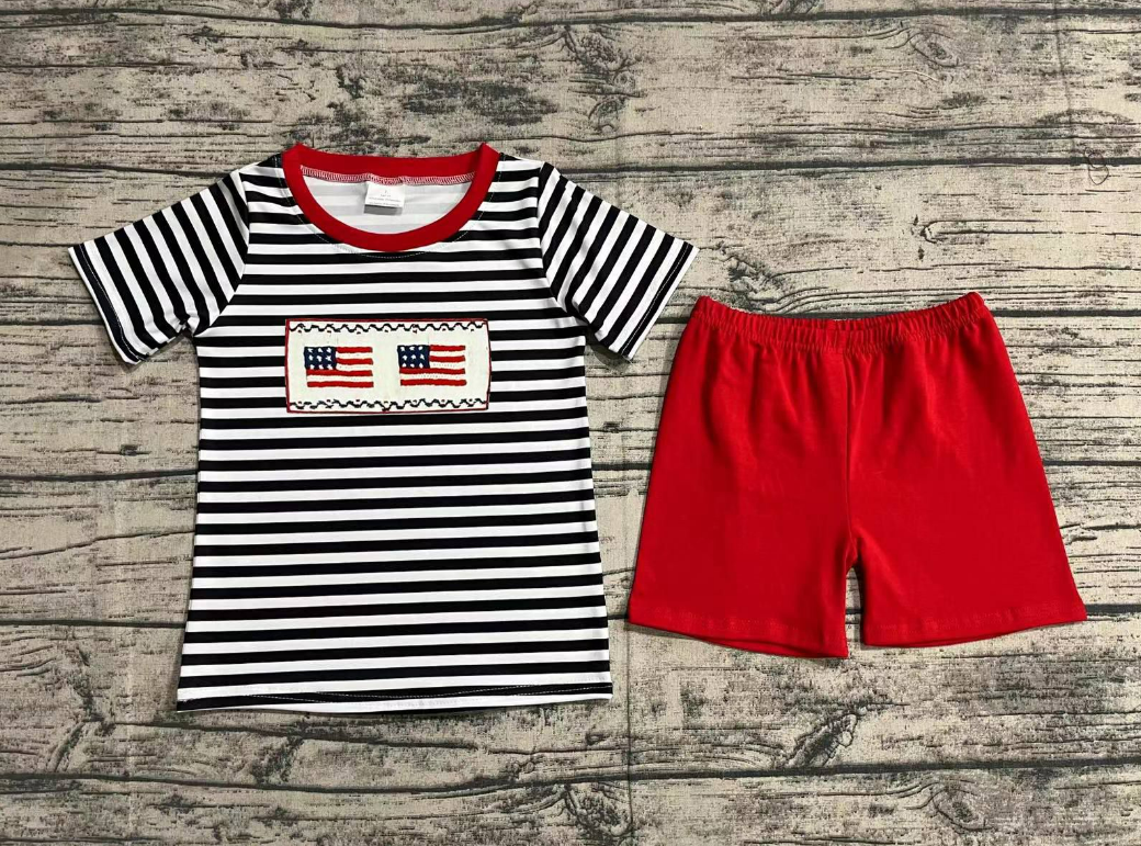 No moq Pre-order July 4th Baby Boy Stripes Short Sleeves Embroidery Flag Shirt Red Shorts Summer Set