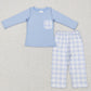 BLP0407 Baby Boy Blue Long Sleeves Pocket Shirt Plaid Pants Outfit Pajamas