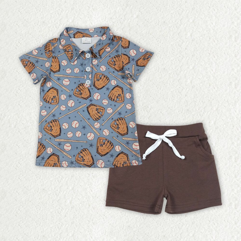 Baby Boys Kids Short Sleeves Baseball Stars Buttons Shirt Brown Pockets Shorts Clothes Set RTS