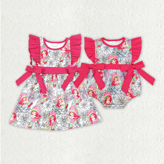 Baby Toddler Short Sleeves Strawberry Cartoon Girl Sibling Romper Dress RTS
