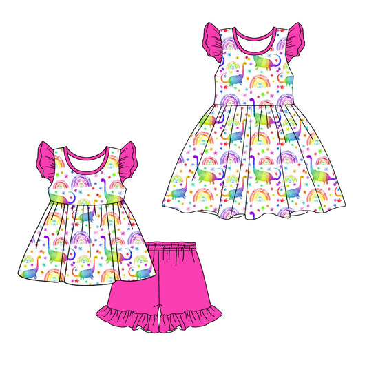 Baby Girl Short Sleeves Dinosaurs Rainbow Sibling Dress Set ( Moq 5 Each Design ) 12.12