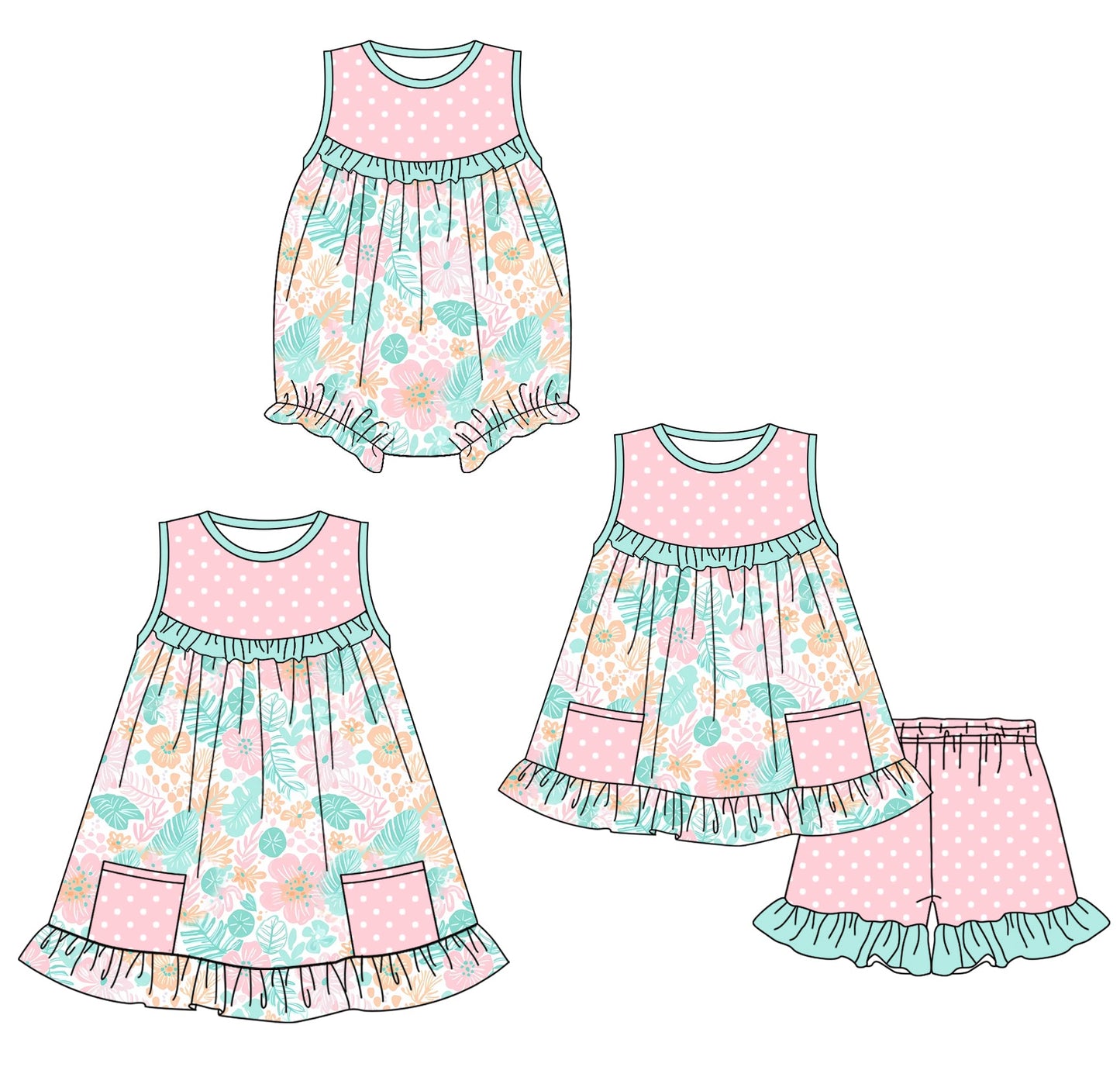 Baby Girl Flower Dots Sibling Romper Dress Set ( Moq 5 Each Style ) 1.24