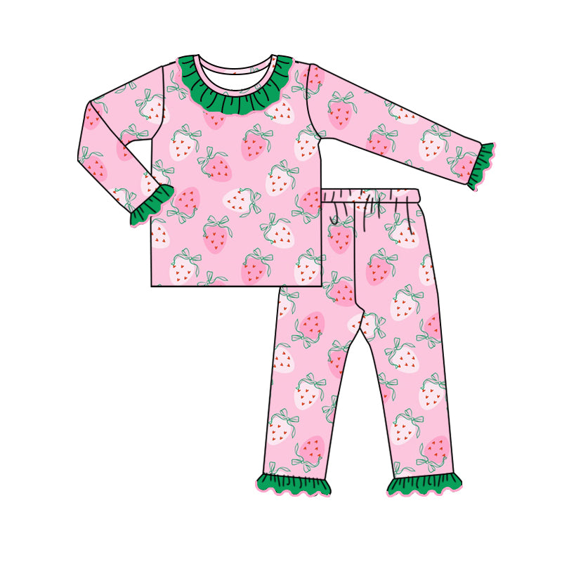 Baby Girl Long Sleeves Strawberry Green Ruffle Shirt Pants Pajamas Set