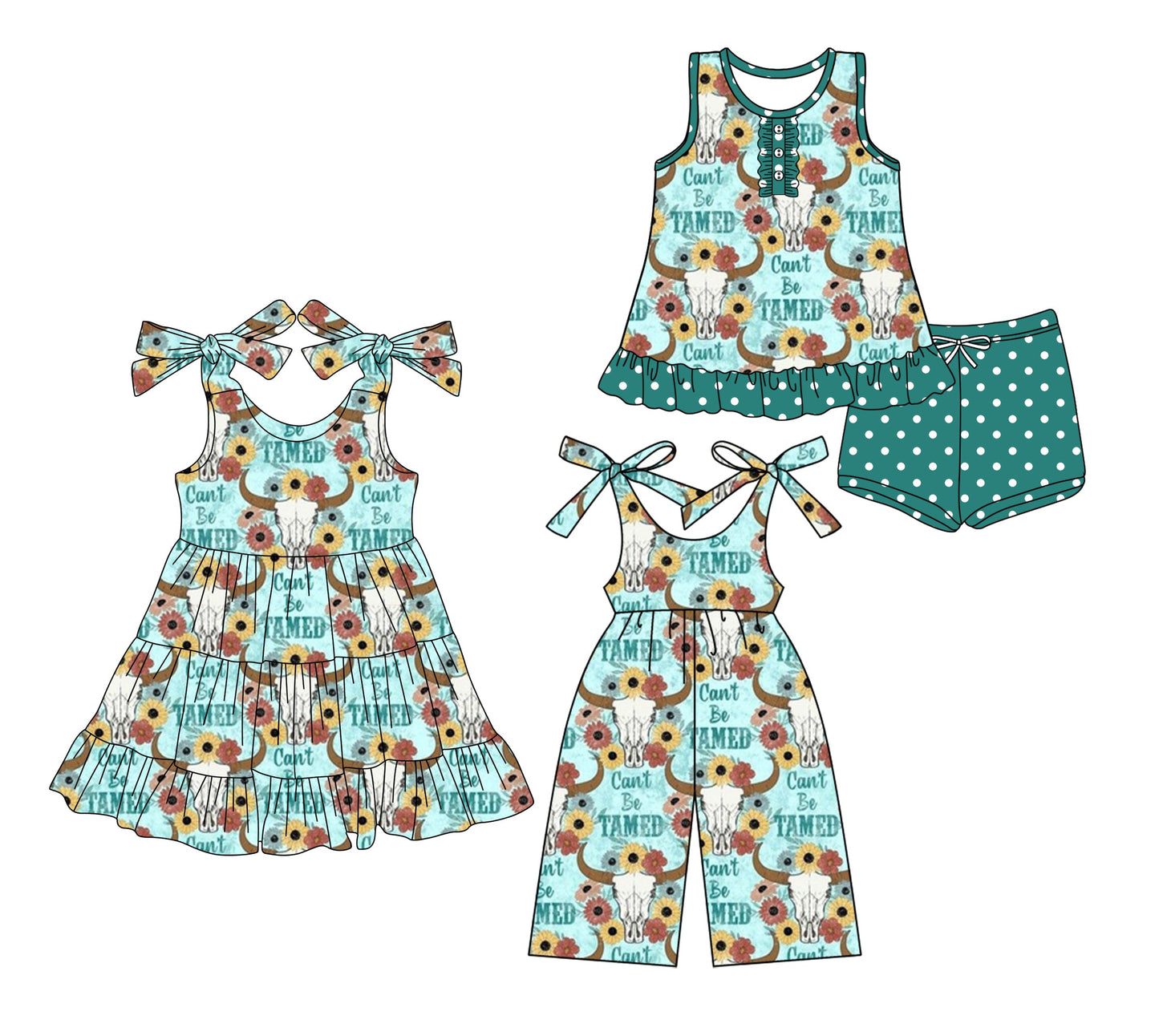 Baby Girl Straps Western Cow Flower Sibling Jumpsuit Dress Set ( Moq 5 Each Style ) 3.15