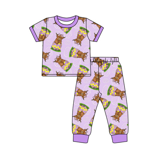 Baby Girl Short Sleeves Cow Egg Easter Shirt Pants Pajamas Purple Set Moq 5