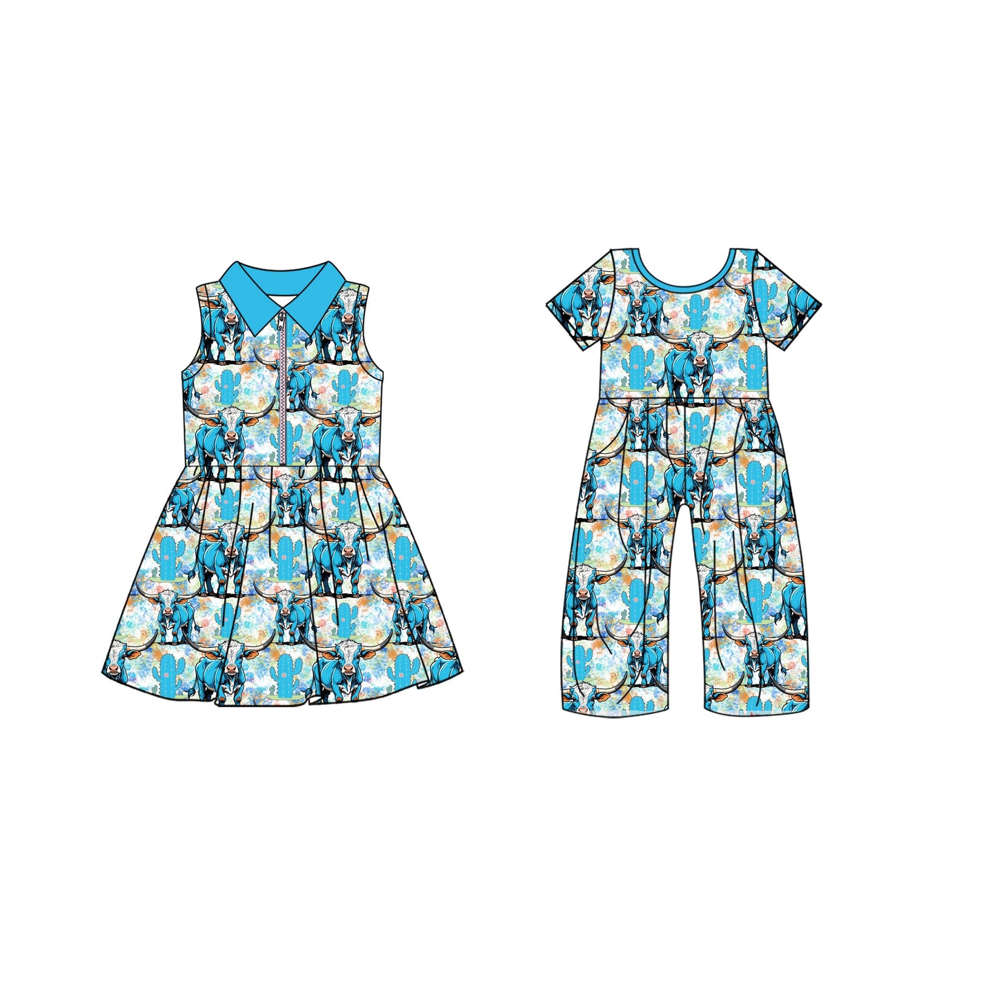 ( Moq 5 Each Style ) Baby Girl Western Cows Cactus Sibling Blue Summer Dress Jumpsuit 4.19
