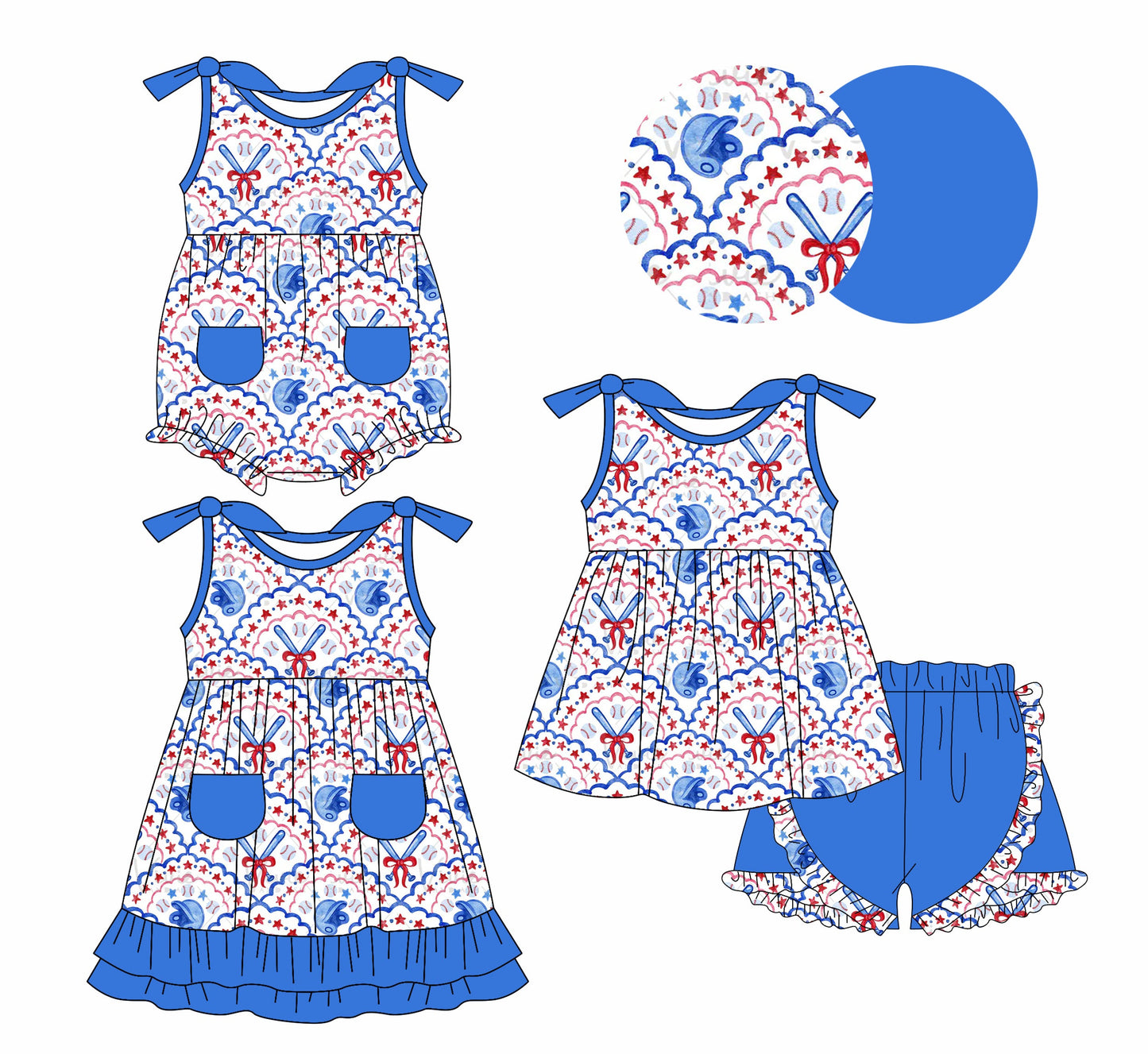 Baby Girl Blue Bows Baseball Sibling Romper Dress Set ( Moq 5 Each Style ) 2.8