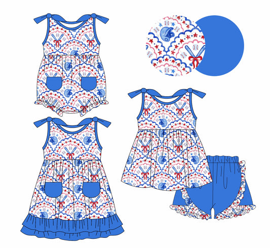 Baby Girl Blue Bows Baseball Sibling Romper Dress Set ( Moq 5 Each Style ) 2.8