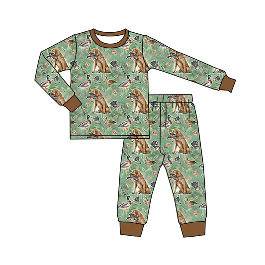 Baby Boy Green Long Sleeves Dogs Ducks Shirt Pajamas Pants Hunting Set