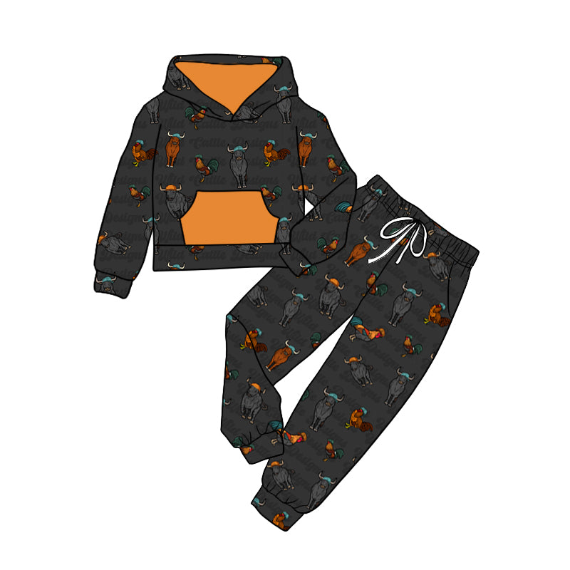 Baby Boy Toddler Long Sleeves Cow Chicken Farm Hoodie Shirt Pants Set