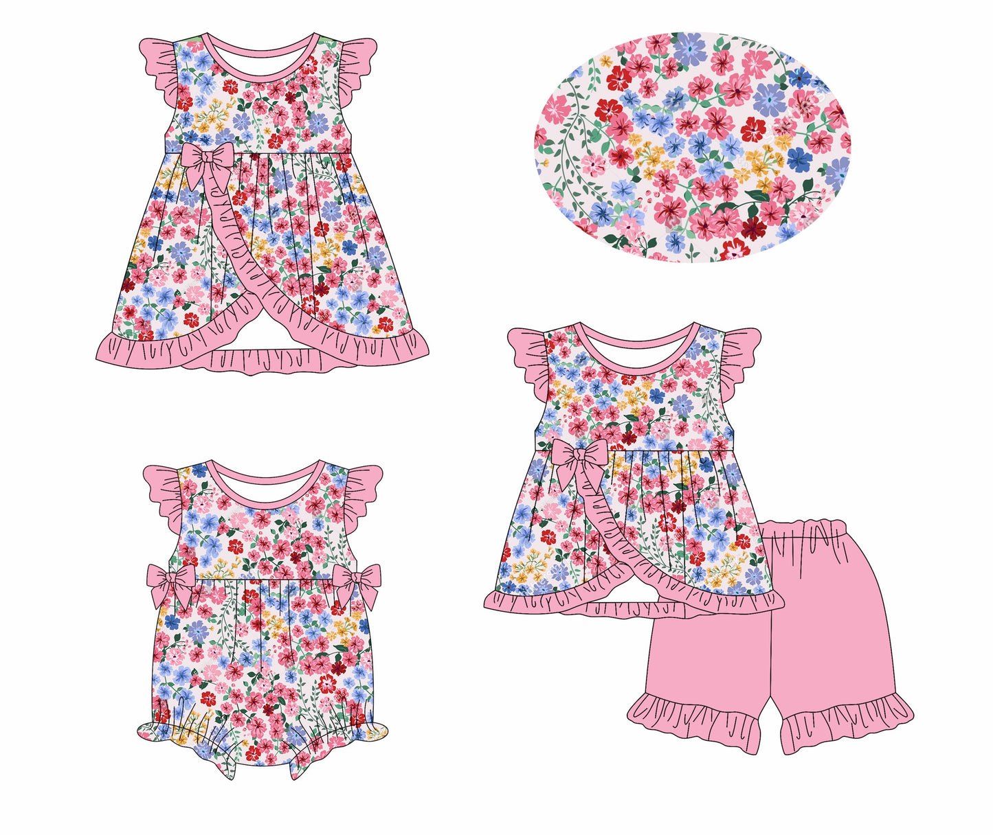 Baby Girl Flower Bows Ruffle Sibling Romper Dress Set ( Moq 5 Each Style ) 1.11