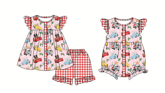 Baby Girl Cartoon Car Pink Sibling Romper Set ( Moq 5 Each Style ) 2.22