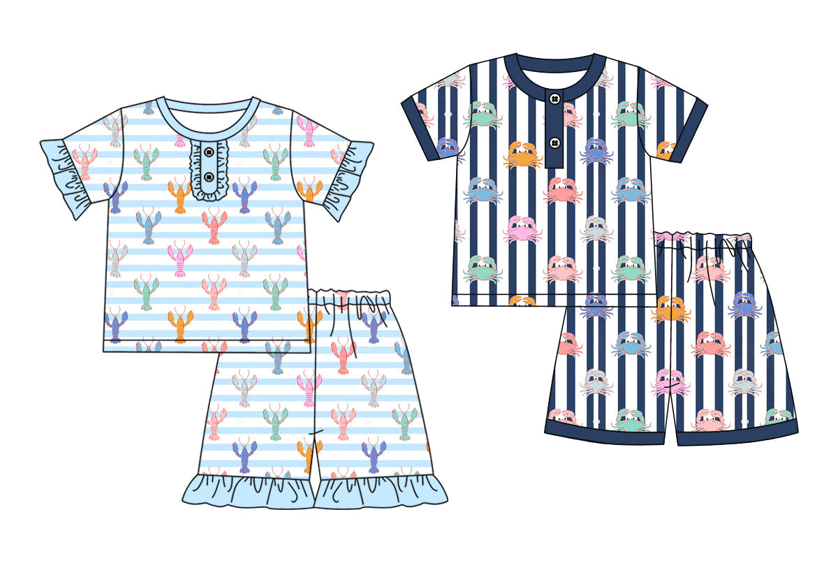 Baby Boy Girl Crawfish Crabs Stripes Sibling Pajamas Set ( Moq 5 Each Style ) 1.23