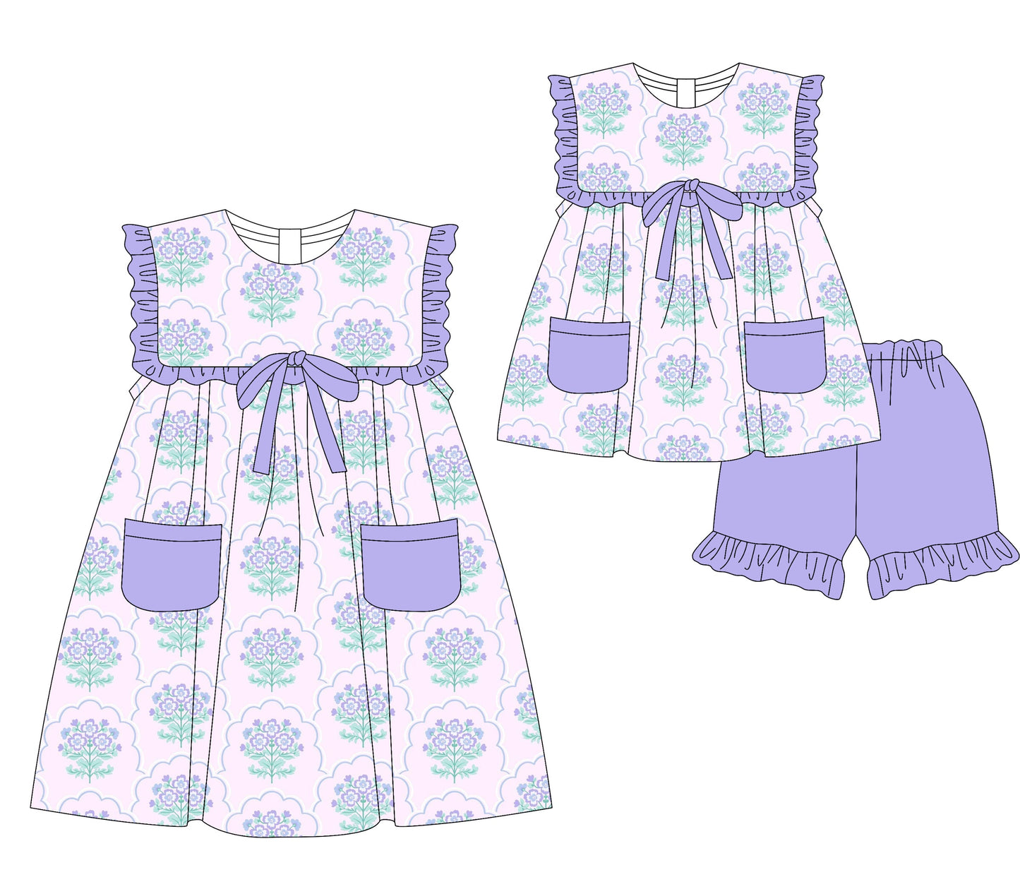 Baby Girl Flower Purple Bows Pockets Sibling Dress Set ( Moq 5 Each Style ) 4.1