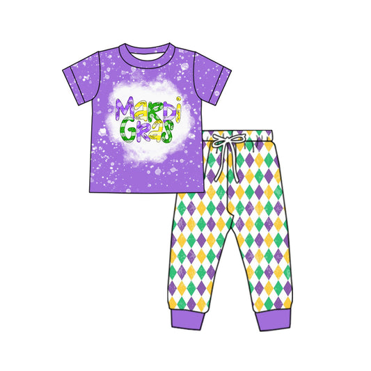 Baby Boy Toddler Purple Short Sleeves Mardi Gras Shirt Pants Set Moq 5