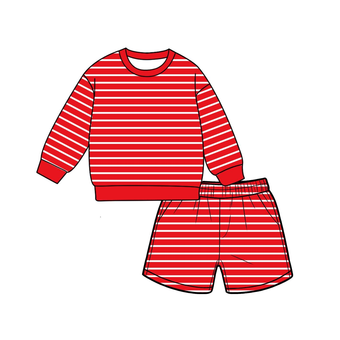 ( Moq 5 ) Preorder Adult Women Long Sleeves Red Stripes Shirt Pockets Shorts Yoga Active Set