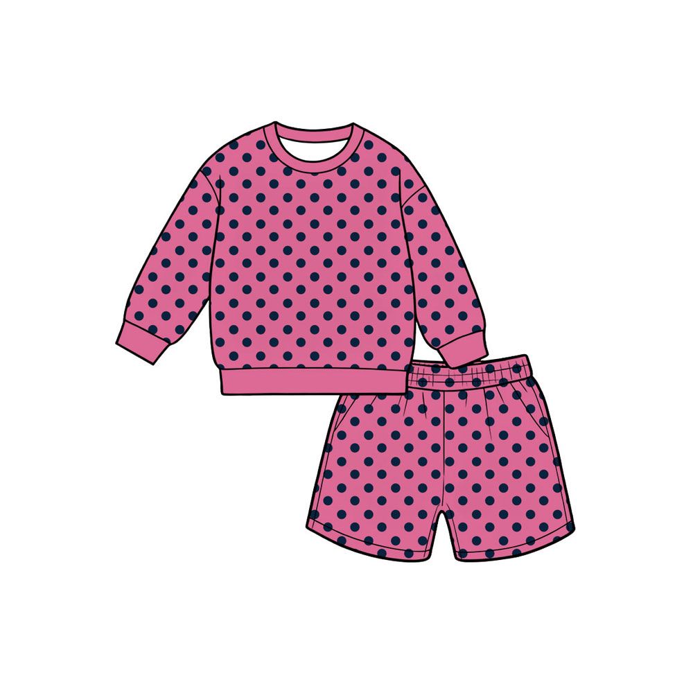 ( Moq 5 ) Preorder Baby Girls Kids Pink Long Sleeves Navy Dots Shirt Pockets Shorts Set Clothes