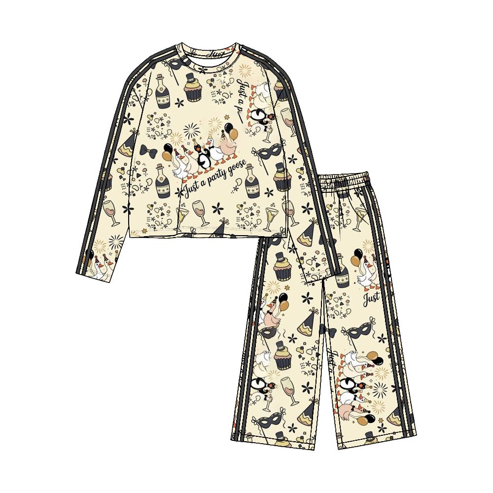 ( Moq 5 ) Preorder Baby Girls Kids Long Sleeves Shirt Pants Happy New Year Set Goose Yoga Active Clothes